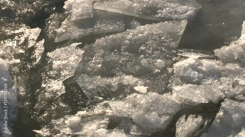 Close ups of the ice debacle as the huge pieces slowly floating down on the river danube in Budapest with pretty fast movement