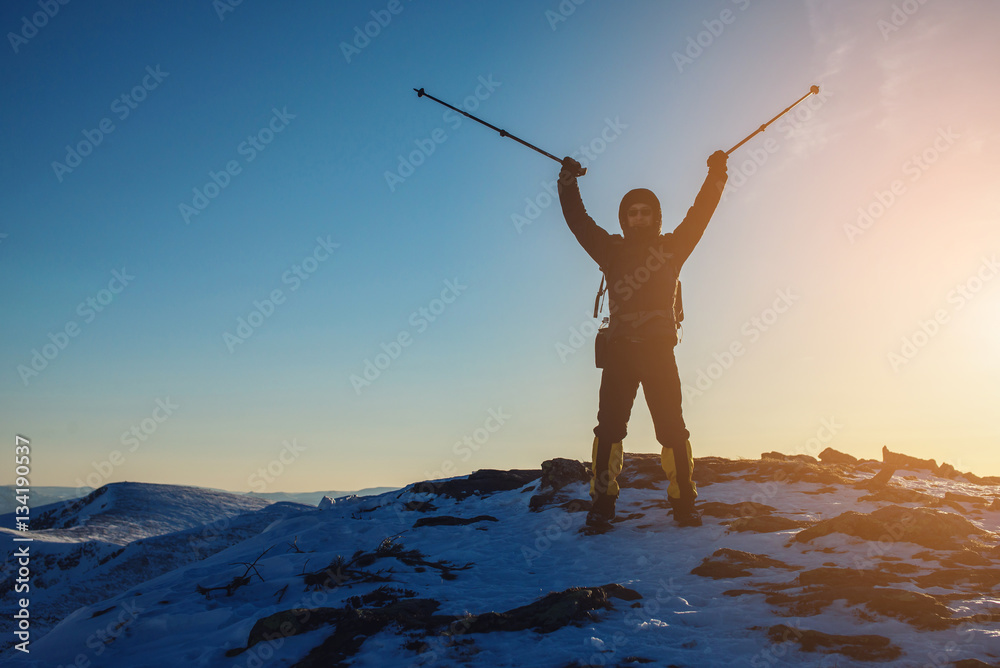 Fototapeta premium man hikers tourist celebrating success standing on top, at peak