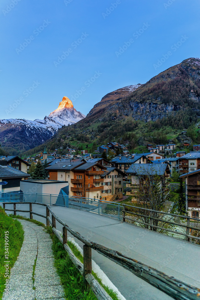 Zermatt Ski Resort Landscape overlooking Peak of Matterhorn