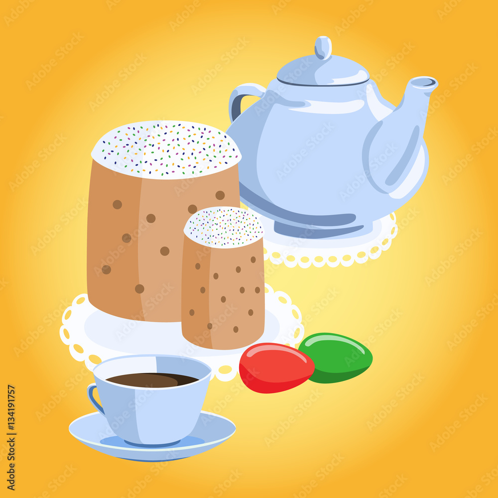 Easter cakes, Easter eggs, and tea. Traditional meals and cuisines. Easter cakes, Easter eggs, and tea. Traditional meals and cuisines.