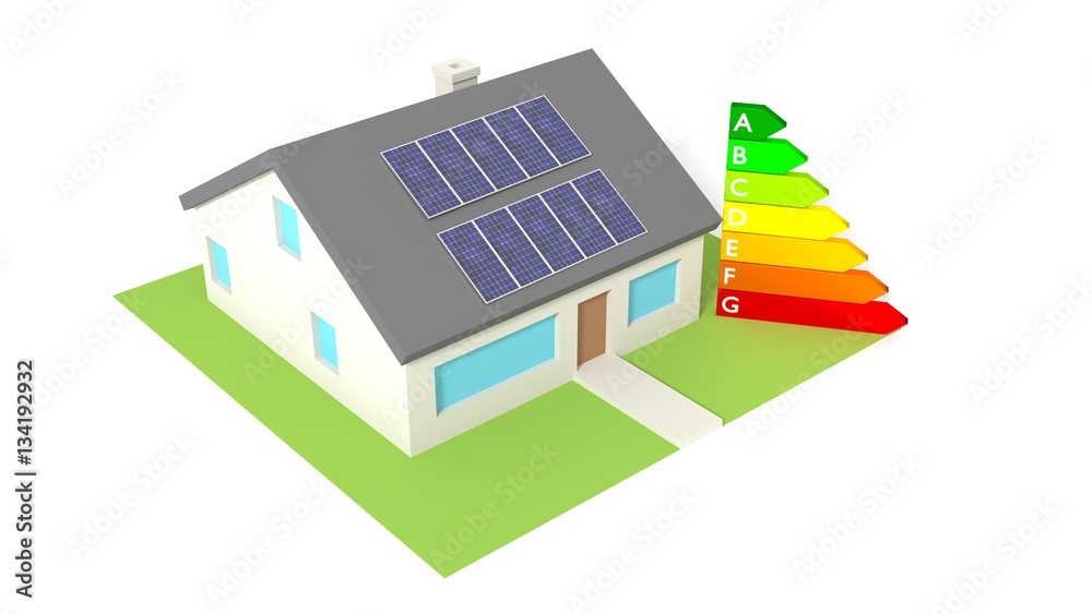 House with solar panels on the roof next to energy efficiency gr House with solar panels on the roof next to energy efficiency gr
