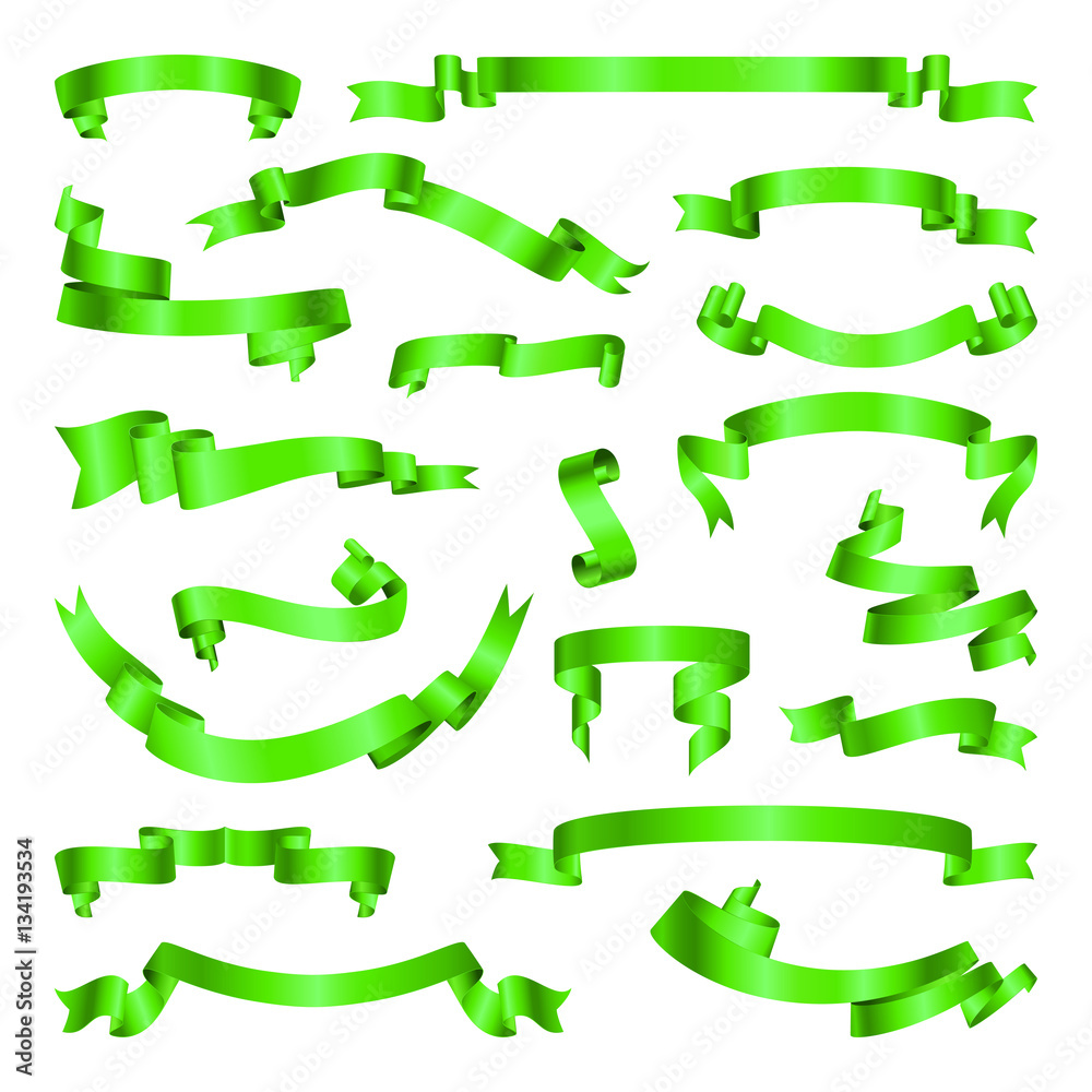 Set of green ribbons. Collection of banner. Vector illustration.