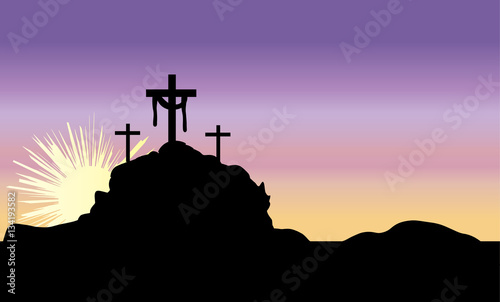 Easter morning, Calvary hill with silhouettes of the cross, Resurrection background