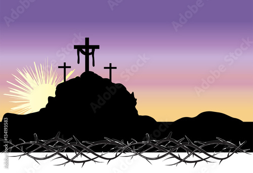 Easter morning, Calvary hill with silhouettes of the cross, Resurrection illustration