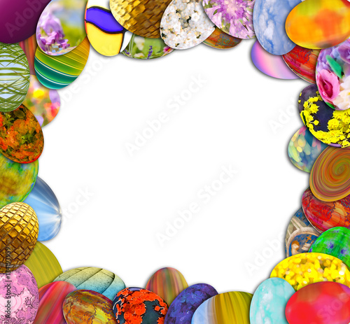 Colorful painted Easter eggs on a pile, isolated on white, resurrection holiday frame background photo