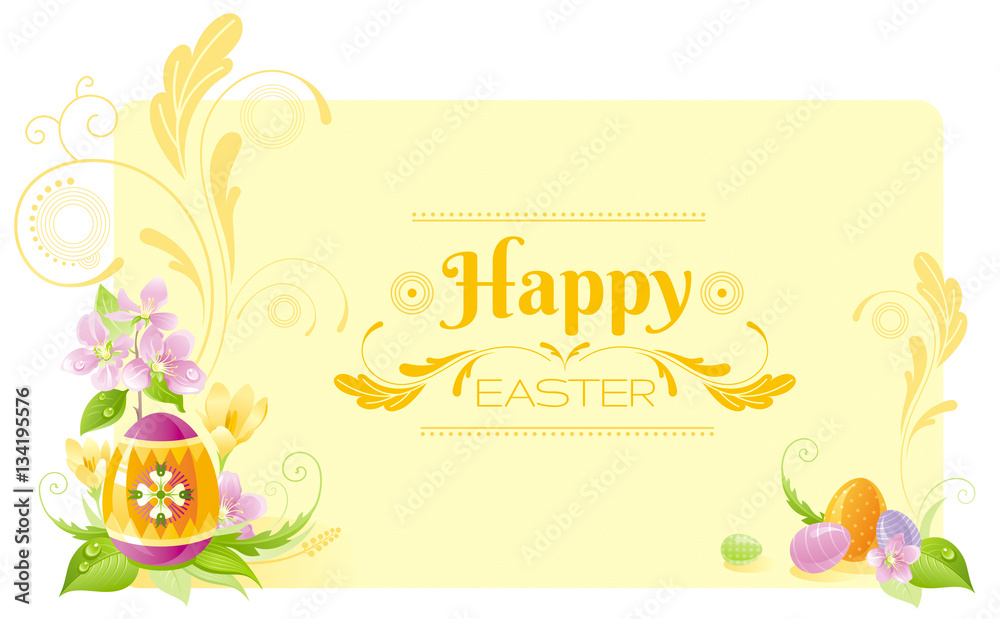 Spring Easter Footer Happy Easter banner border. Spring symbols - yellow background, eggs ...