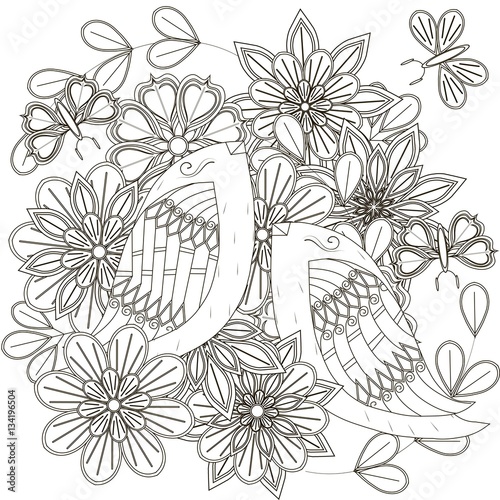 Wallpaper Mural Black and white sketch of bouquet with birds, stylized flowers and butterflies for anti stress coloring page, fabric print, stock vector illustration Torontodigital.ca