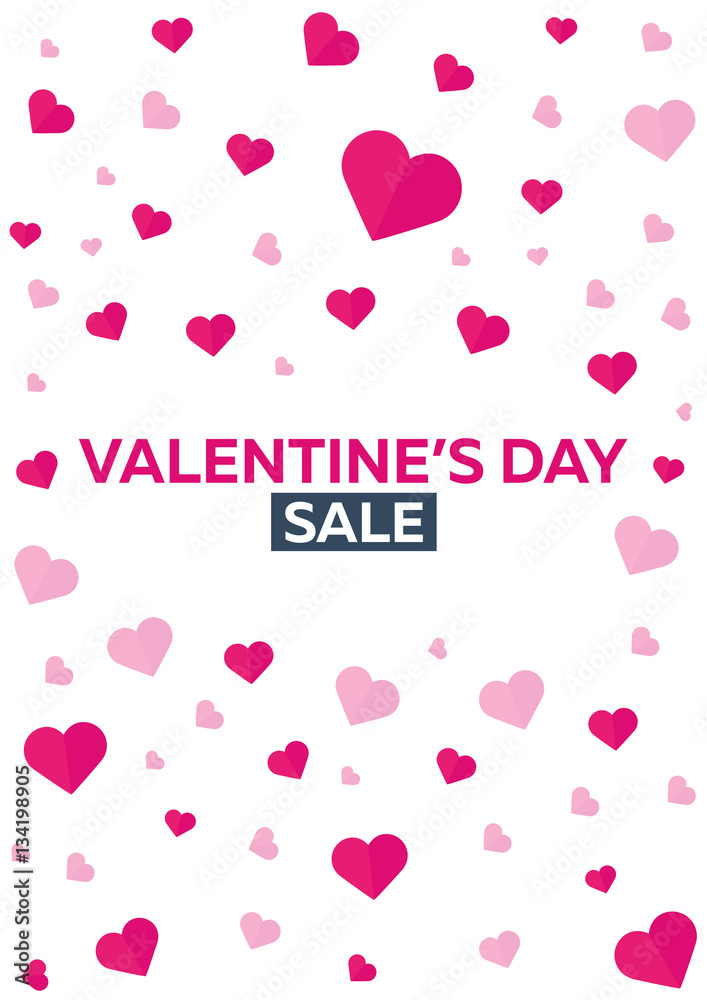 Poster Valentines Day Sale. Background with hearts. Vector flat illustration.