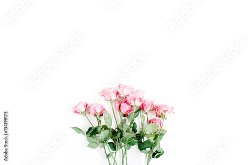 Wallpaper Mural Pink roses bouquet on white background. Flat lay, top view. Valentine's background. Torontodigital.ca