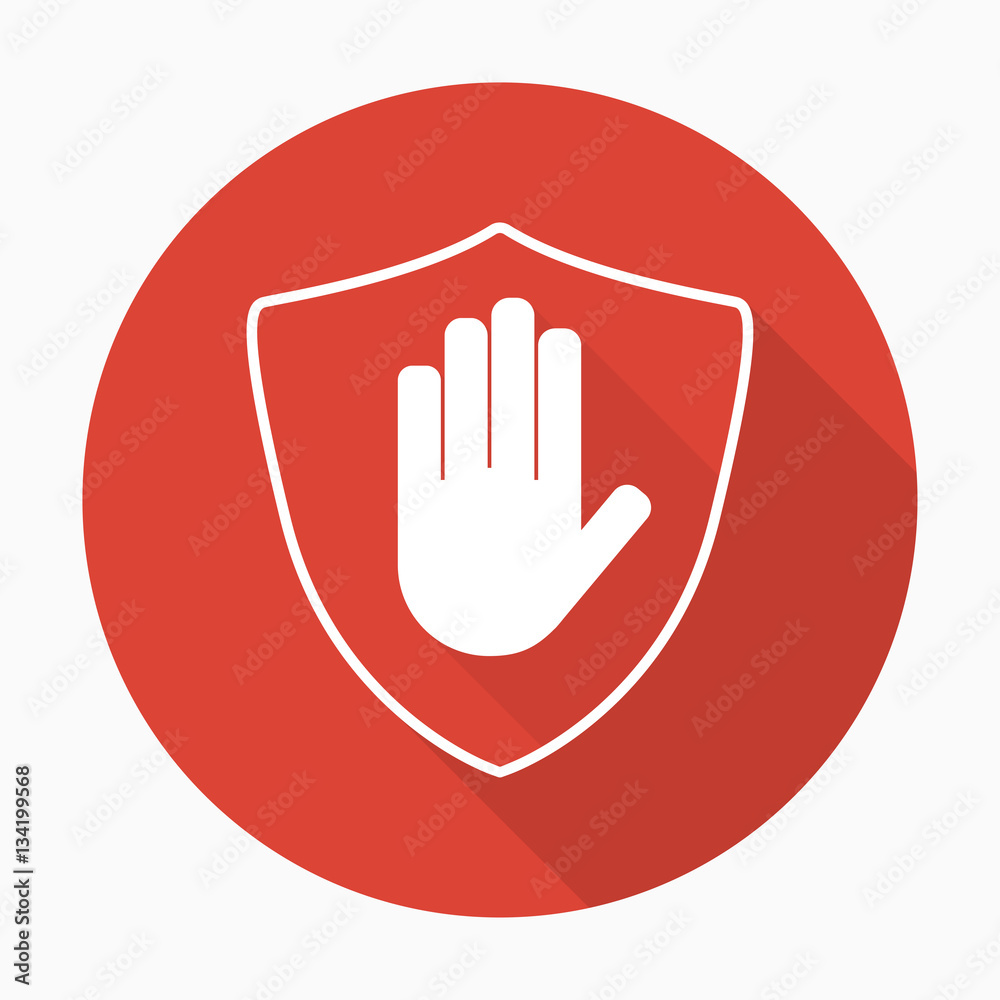 Shield with hand block icon in flat style with shadow. Stop hand red prohibition. Vector illustration Shield with hand block icon in flat style with shadow. Stop hand red prohibition. Vector illustration