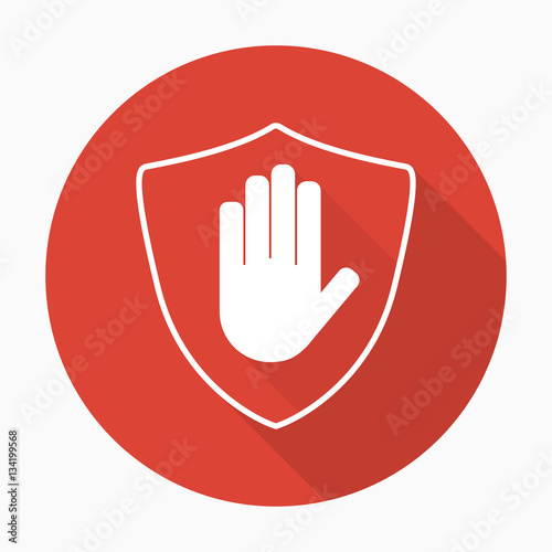 Shield with hand block icon in flat style with shadow. Stop hand red prohibition. Vector illustration