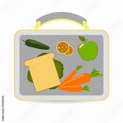 Lunchbox with school lunch: sandwich, carrots, apple, cucumber, cookies. Vector illustration