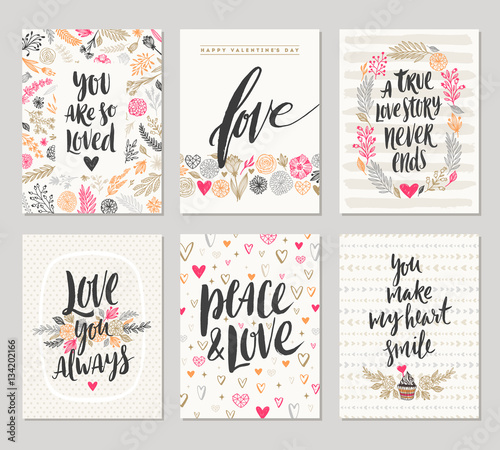 Vector set of Valentine's Day hand drawn posters or greeting card with handwritten calligraphy quotes, phrase and illustrations.