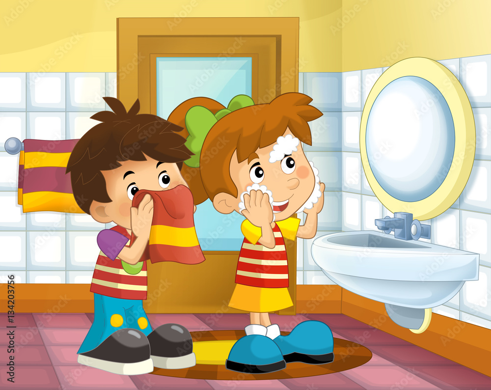 Cartoon kid in the bathroom - boy and girl washing up face and wiping face  with towel - illustration for children Stock Illustration | Adobe Stock