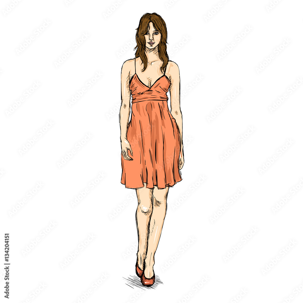Vector Sketch Fashion Female Model in Dress Vector Sketch Fashion Female Model in Dress