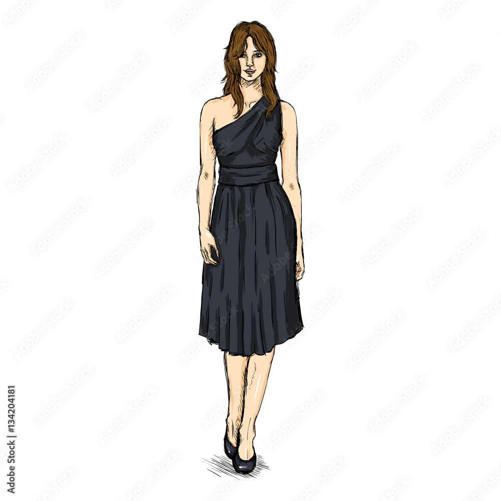 Vector Sketch Fashion Female Model in Dress Vector Sketch Fashion Female Model in Dress