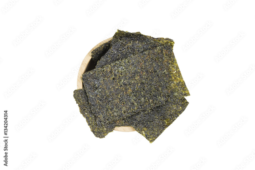 Sheet of dried seaweed, Crispy seaweed in bowl isolated on white background - clipping path Sheet of dried seaweed, Crispy seaweed in bowl isolated on white background - clipping path