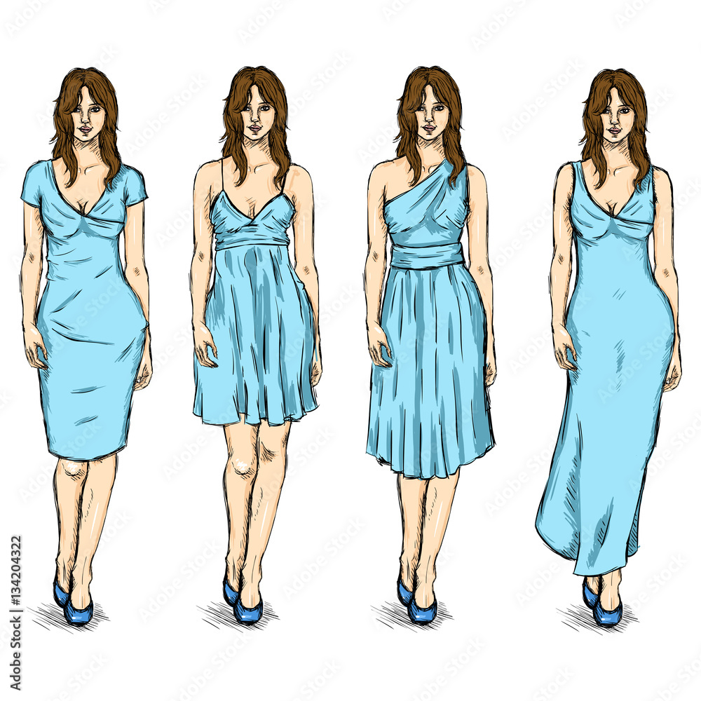 Vector Set of Sketch Female Fashion Models in Dress Vector Set of Sketch Female Fashion Models in Dress