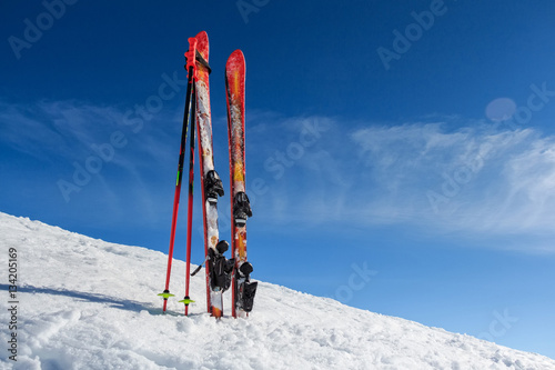 Ski equipment on mountain background