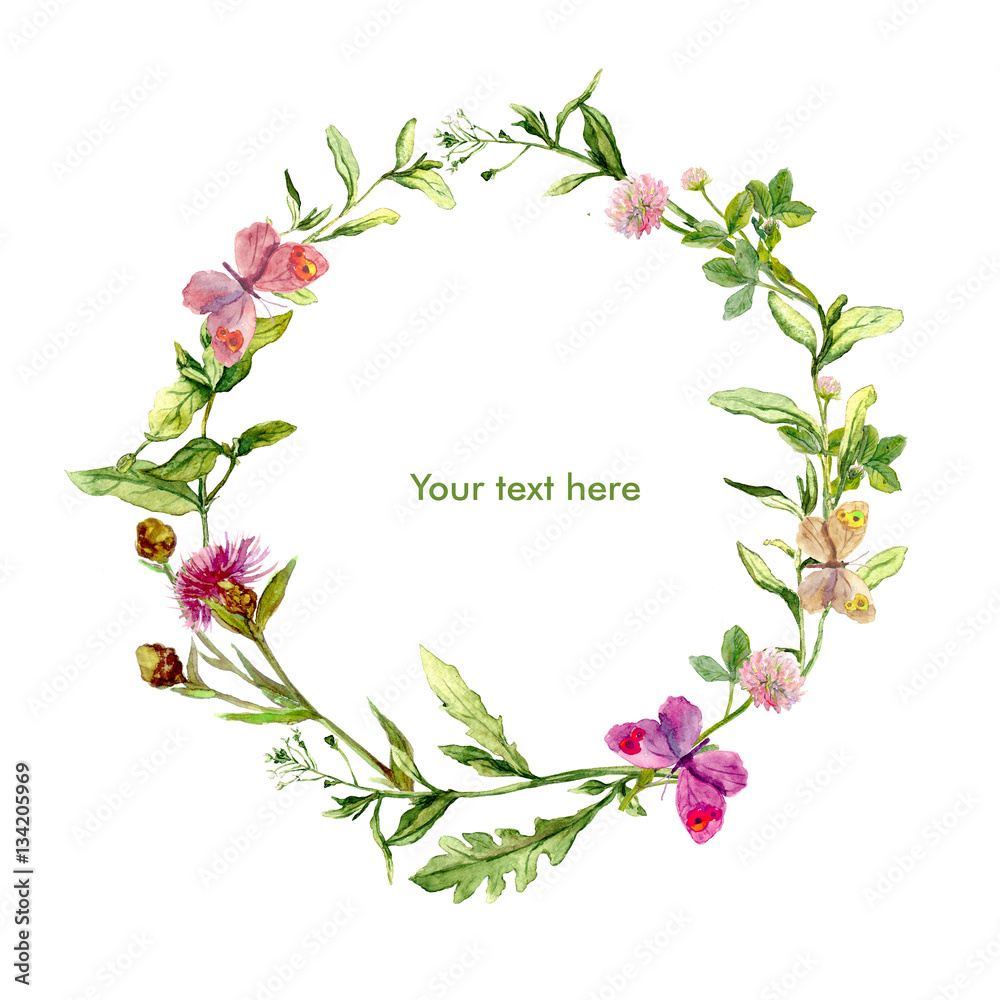 Fototapeta premium Wreath border frame with wild herbs, meadow flowers, butterflies. Watercolour