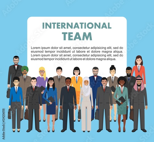 Group of business men and women, working people standing together on blue background in flat style. Business team and teamwork concept. Different nationalities and dress styles. Flat design people