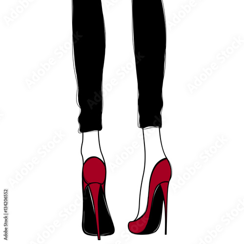 Vector girl in high heels. Fashion illustration. Female legs in shoes. Cute design. Trendy picture in vogue style.