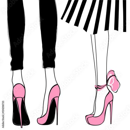 Vector girls in high heels. Fashion illustration. Female legs in shoes. Cute design. Trendy picture in vogue style. Fashionable women. Stylish ladies.