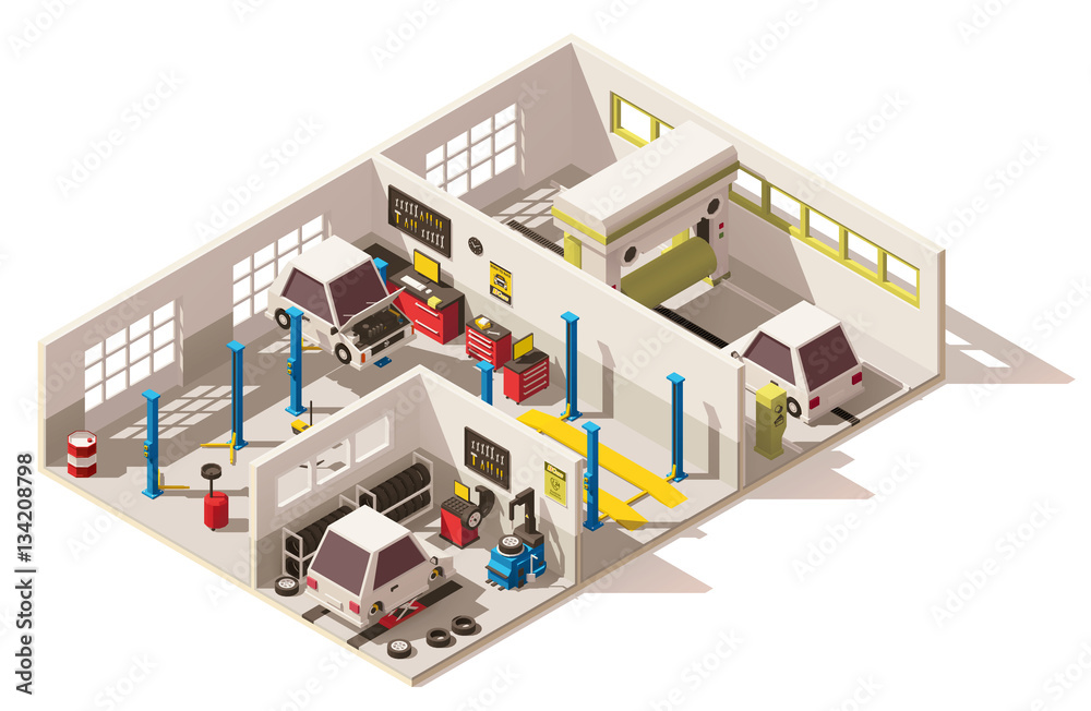 Vector isometric low poly car service center Vector isometric low poly car service center