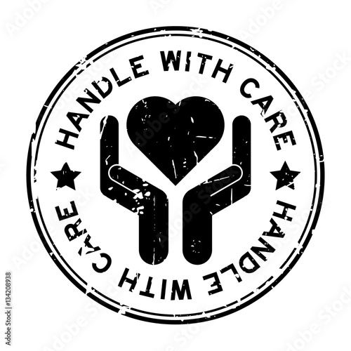 Grunge black handle with care round rubber stamp