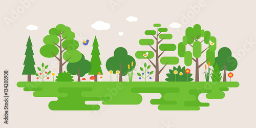 Info graphic and elements of natural forest landscapes, flat design vector illustration 