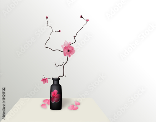Ikebana. Composition. Figure Sakura flower. On a gradient background with a shadow. illustration