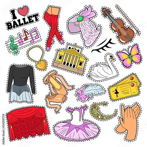 Ballet Stickers, Badges, Patches Set with Theater Elements. Vector Doodle