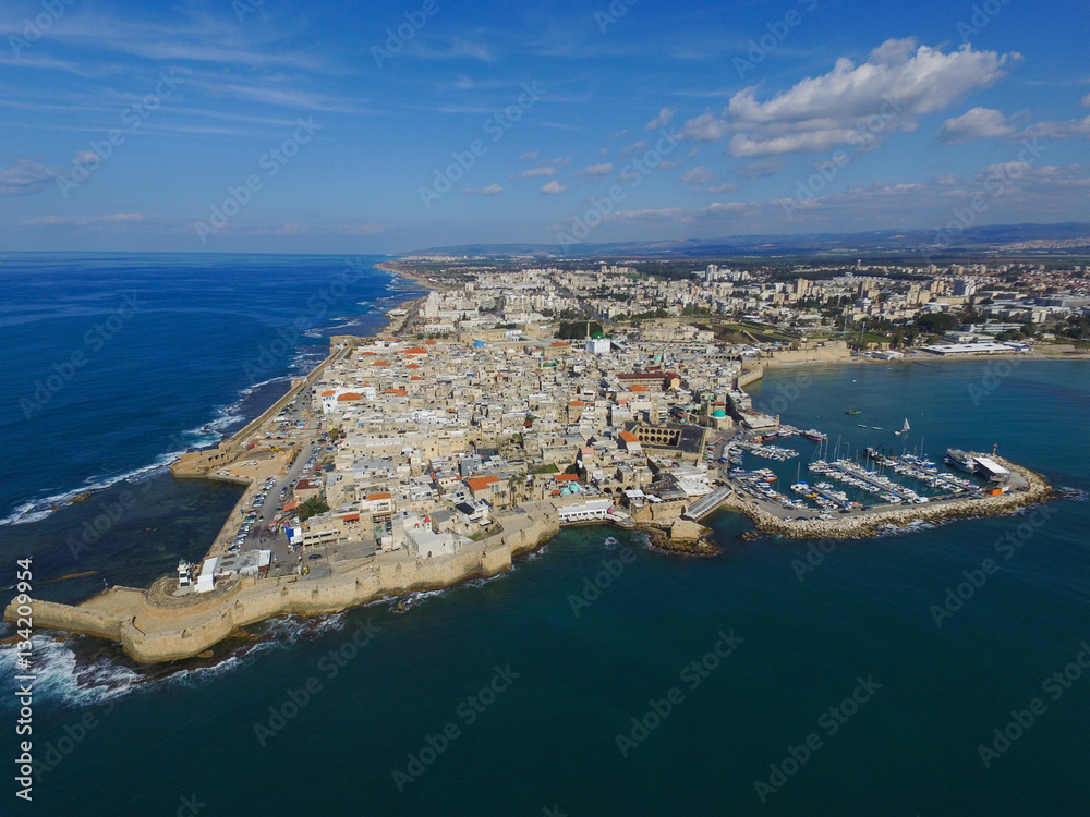 Acre, Israel - Aerial footage of the old city, the ancient port and marina