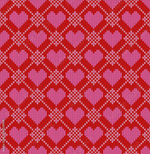 Seamless pattern on the theme of holiday Valentine's Day with an image of the Norwegian and fairisle patterns. Pink hearts on a red background. Wool knitted texture. Vector Illustration.