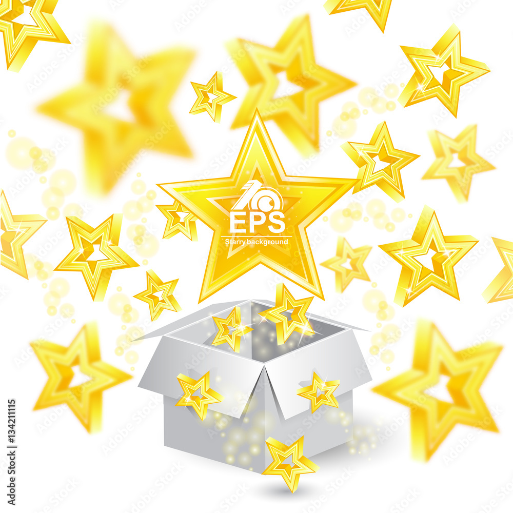 Golden stars with depth of field effect flying from open gift box Golden stars with depth of field effect flying from open gift box