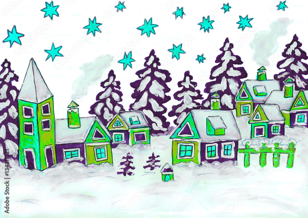 Christmas picture in green and blue colours