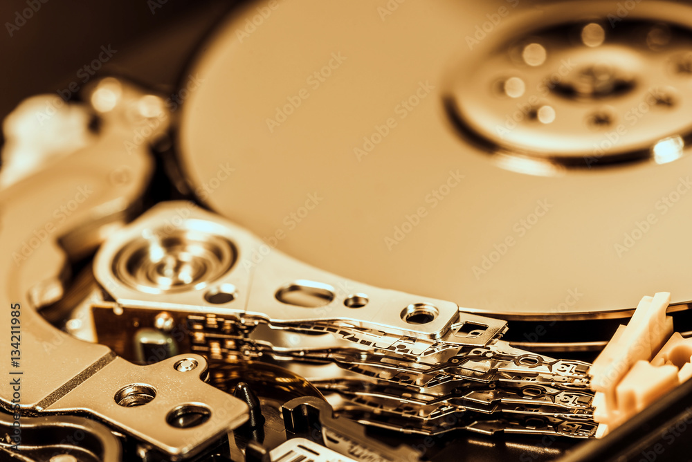 Macro shot of open hard disc drive Macro shot of open hard disc drive