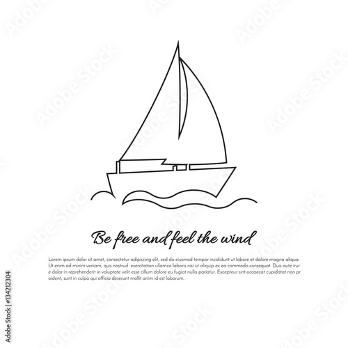 One continuous line sailing boat on waves with sign