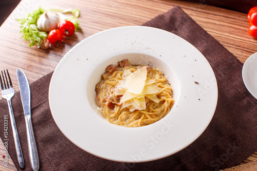 Pasta spaghetti carbonara on white background. Top view