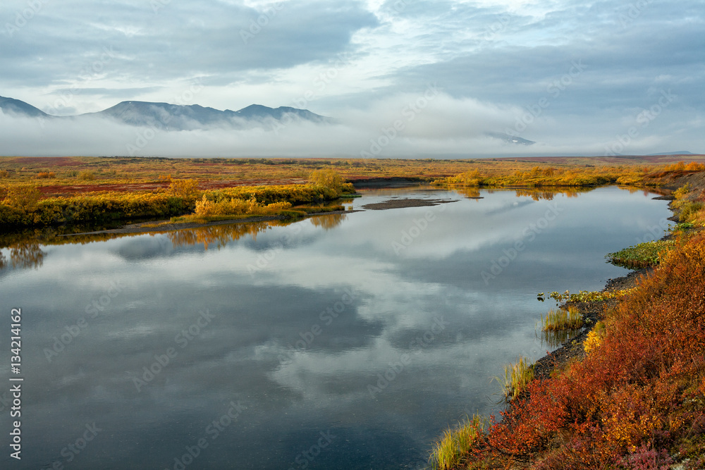 River with the banks in the autumn coloring. Sob River. Polar Urals. Russia. River with the banks in the autumn coloring. Sob River. Polar Urals. Russia.