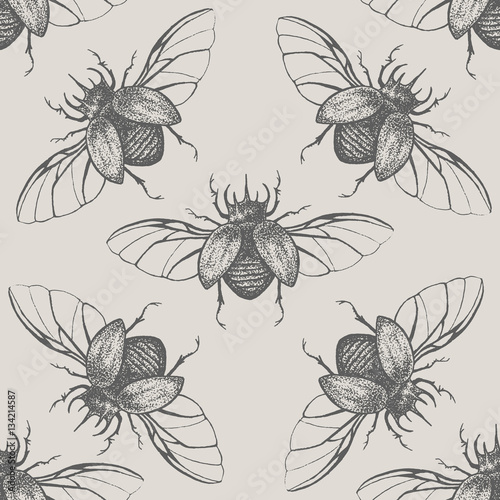 Beetles with wings vintage seamless pattern