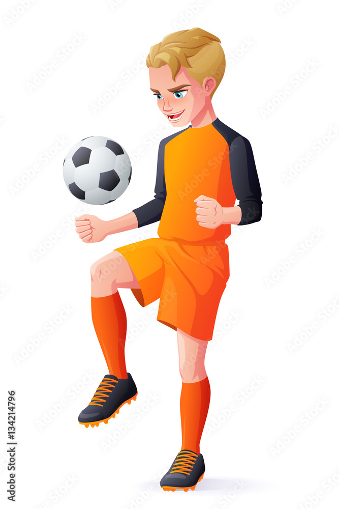 Vector young football or soccer player boy playing with ball.