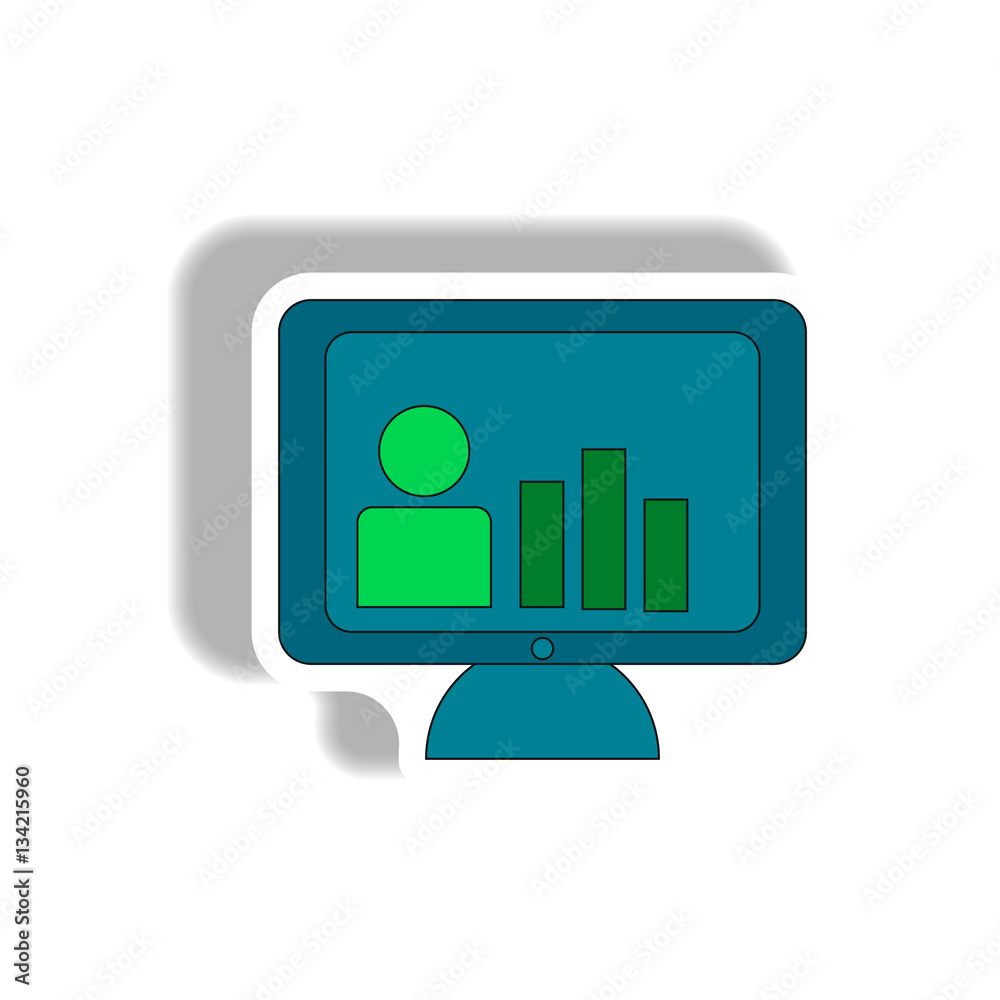 bar graph and online report Vector illustration in paper sticker style of man silhouette and column chart on monitor bar graph and online report Vector illustration in paper sticker style of man silhouette and column chart on monitor