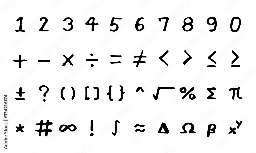 Set of black hand drawing mathmetical sign on white background