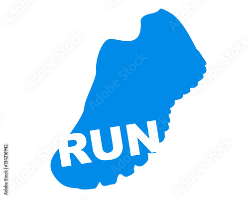blue running shoe with white run written 