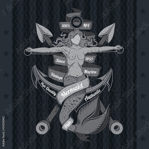 Cross Harpoons And Mermaid Crucified On Anchor. Marine Vintage Label On Blackboard
