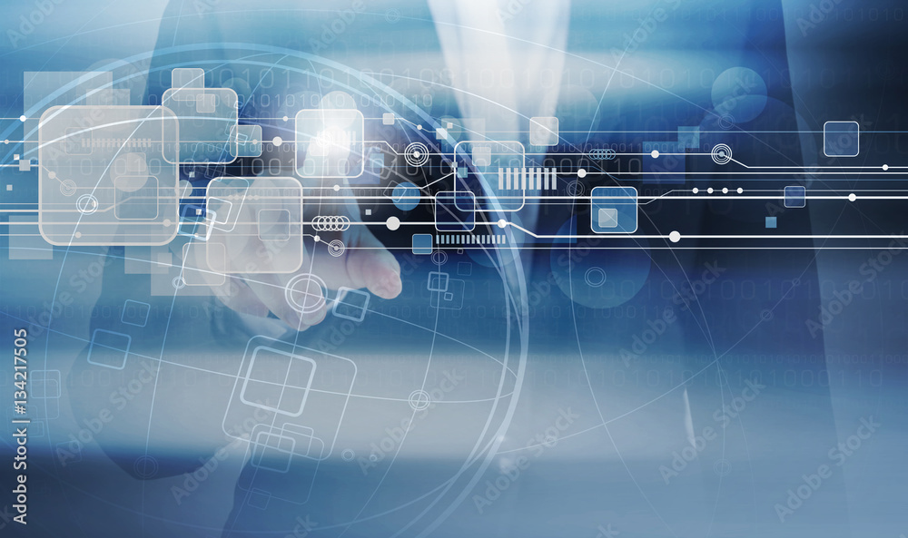 Double exposure of business woman hand touching technology design Double exposure of business woman hand touching technology design