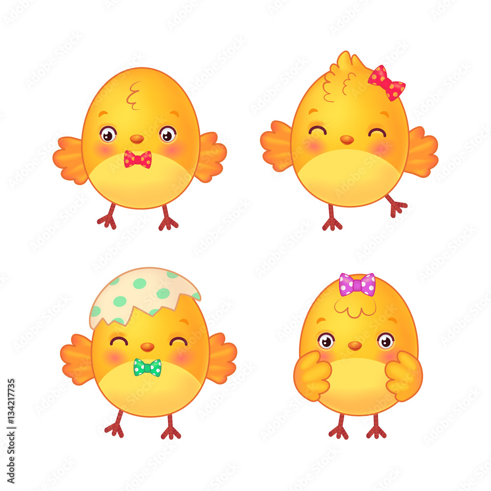 Chicks with bow-knots and bow-ties. Cute chickens vector set. Isolated on white background.
