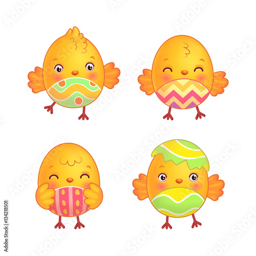 Easter chicks set. Cute easter chickens with painted belly. Isolated illustration on white background in vector.