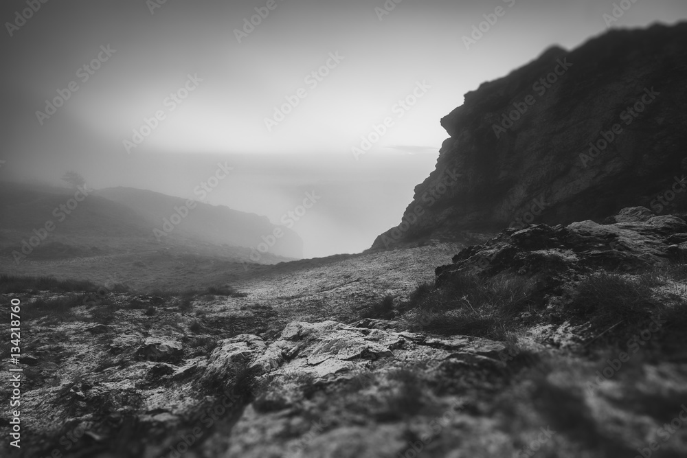Hilly British Landscape in Morning Frost Black and White